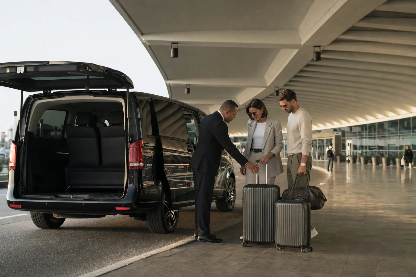 A driver reviewing travellers' luggage beside an executive group vehicle at an airport arrival area.